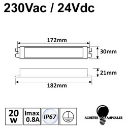 Transformateur étanche 24V 20W, driver LED