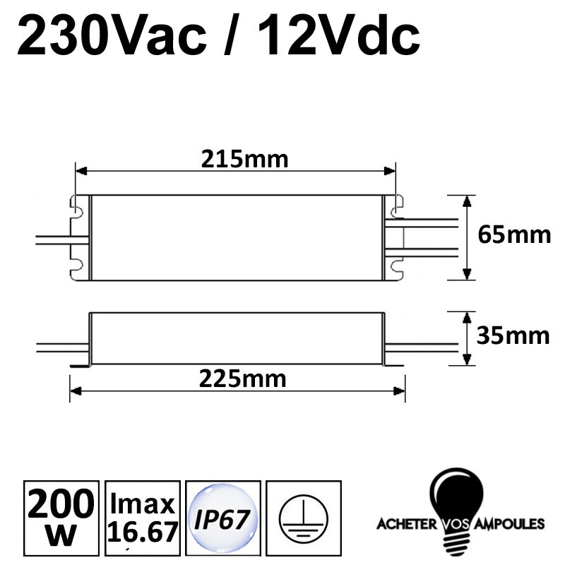 Transformateur étanche 12V 200W, driver LED