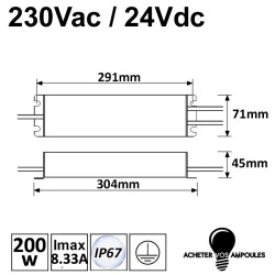 Transformateur étanche 24V 200W, driver LED